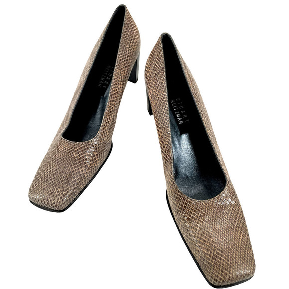 STUART WEITZMAN LIGHT BROWN FAUX SNAKESKIN HEELS - Picture 2 of 8